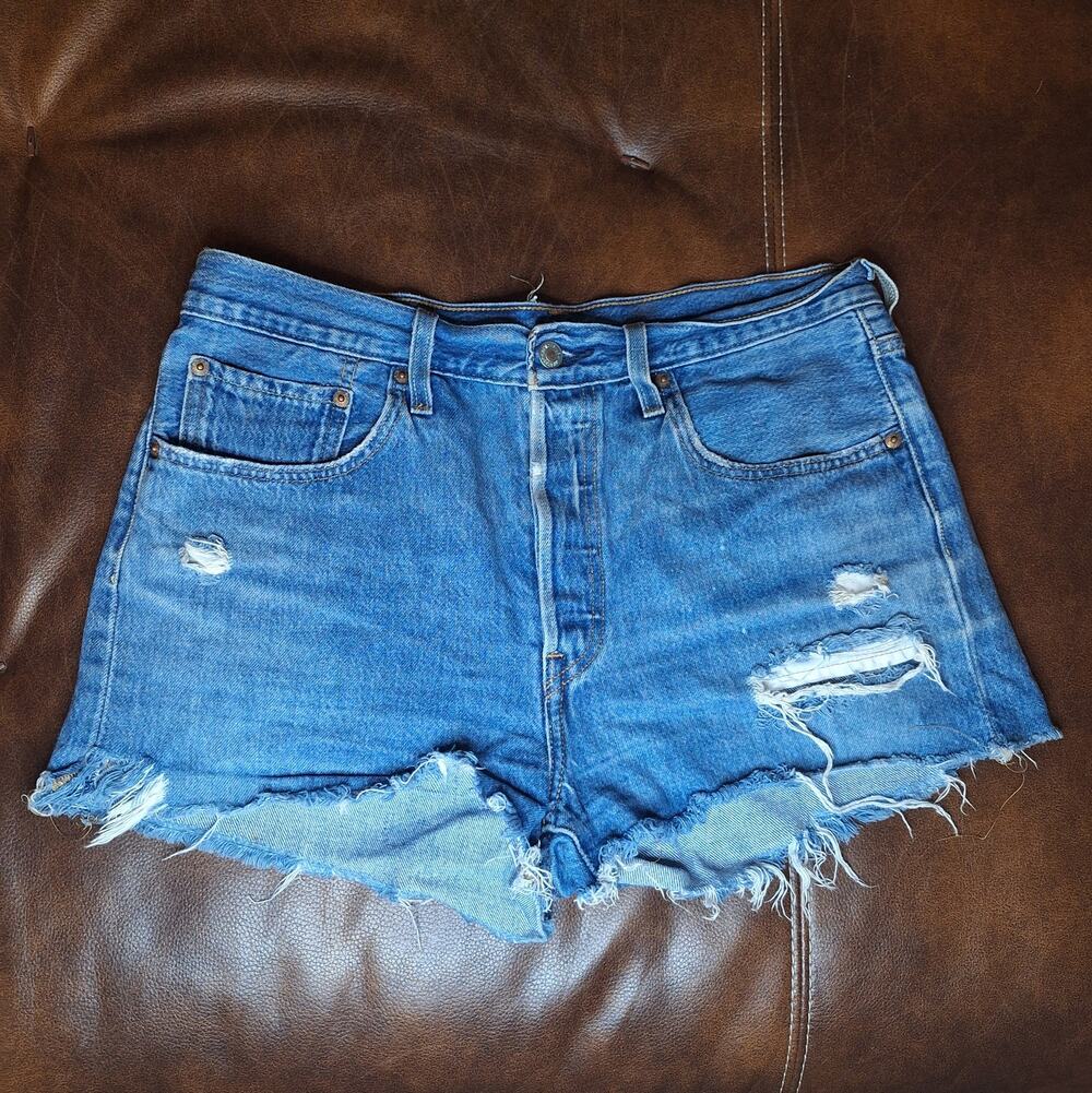 Levi's 501 Womens High Rise Distressed Cut Off Denim Shorts W30 Blue Button Fly